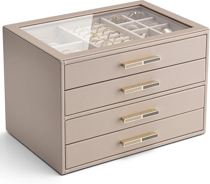 VLANDO 4 Layer Jewelry Box for Women, Glass Lid Jewelry Organizer with 4 Drawers for Necklaces Rings Earrings Bracelets - Toffee