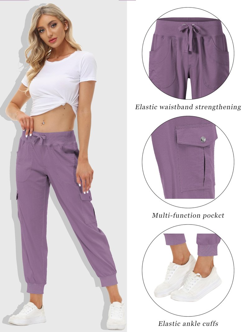 MoFiz Women Cargo Pants with Pockets Lightweight Outdoor Summer Travel Casual Hiking Pants Running Joggers Sweatpants Elastic Waist Light Purple S