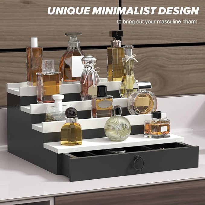upcessory Cologne Organizer for Men, 4 Tier Black Wood Perfume Organizer with Felt Lining Drawer and Hidden Compartment, Perfume Display Holder, A Gift for Men