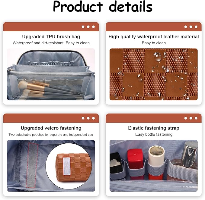 BOYATU Travel Makeup Bag Organizer Cosmetic Bag: 3 Pcs Set Make up Bags for Women with Handle - Waterproof Vegan Leather Toiletry Bags Travel Essentials Pouch with Compartments (03-A-Brown)