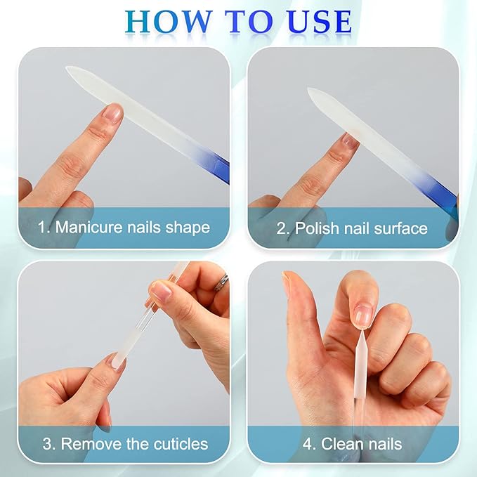 4 Pcs Glass Nail File Set Nail Files and Cuticle Pusher Double Sided Crystal Fingernail Buffers for Women Natural Fingernail Manicure Pedicure Toenail Buffer Cuticle Trimmer