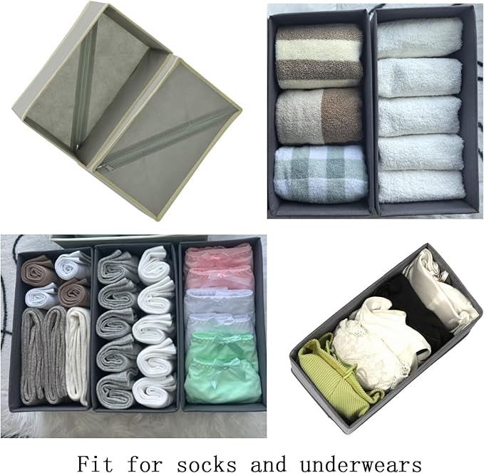 Sock Drawer Organizer 3 Pack - Foldable Fabric Storage Bins for Underwear Divider, Small Closet Organizers with 3 Compartments, Light Gray
