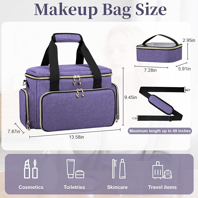 GDNasist Large Makeup Bag, Portable Travel Makeup Bag Organizer for Women Girls with 2 Removable Pouches & Detachable Dividers, Cosmetic Travel Bag, Toiletry Bag for Makeup and Hair Supplies, Purple
