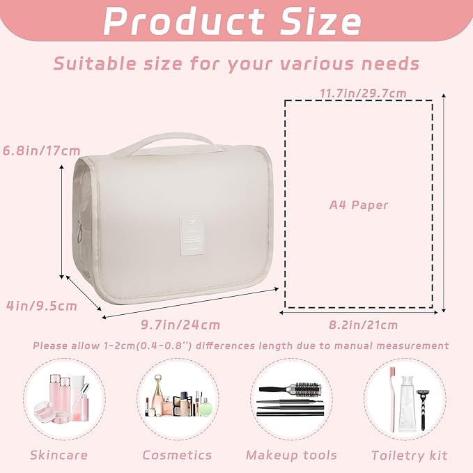 Toiletry Bag Travel Bag with Hanging Hook, Waterproof Capacity Hanging Multifunctional Makeup Bag for Toiletries, Portable Cosmetic Bag Travel Organizer for Women and Men(Beige)