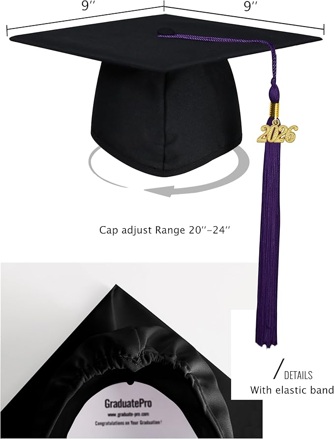 GraduatePro Matte Graduation Cap with 2026 Tassel for Adults High School and Bachelor Master 12 Colors