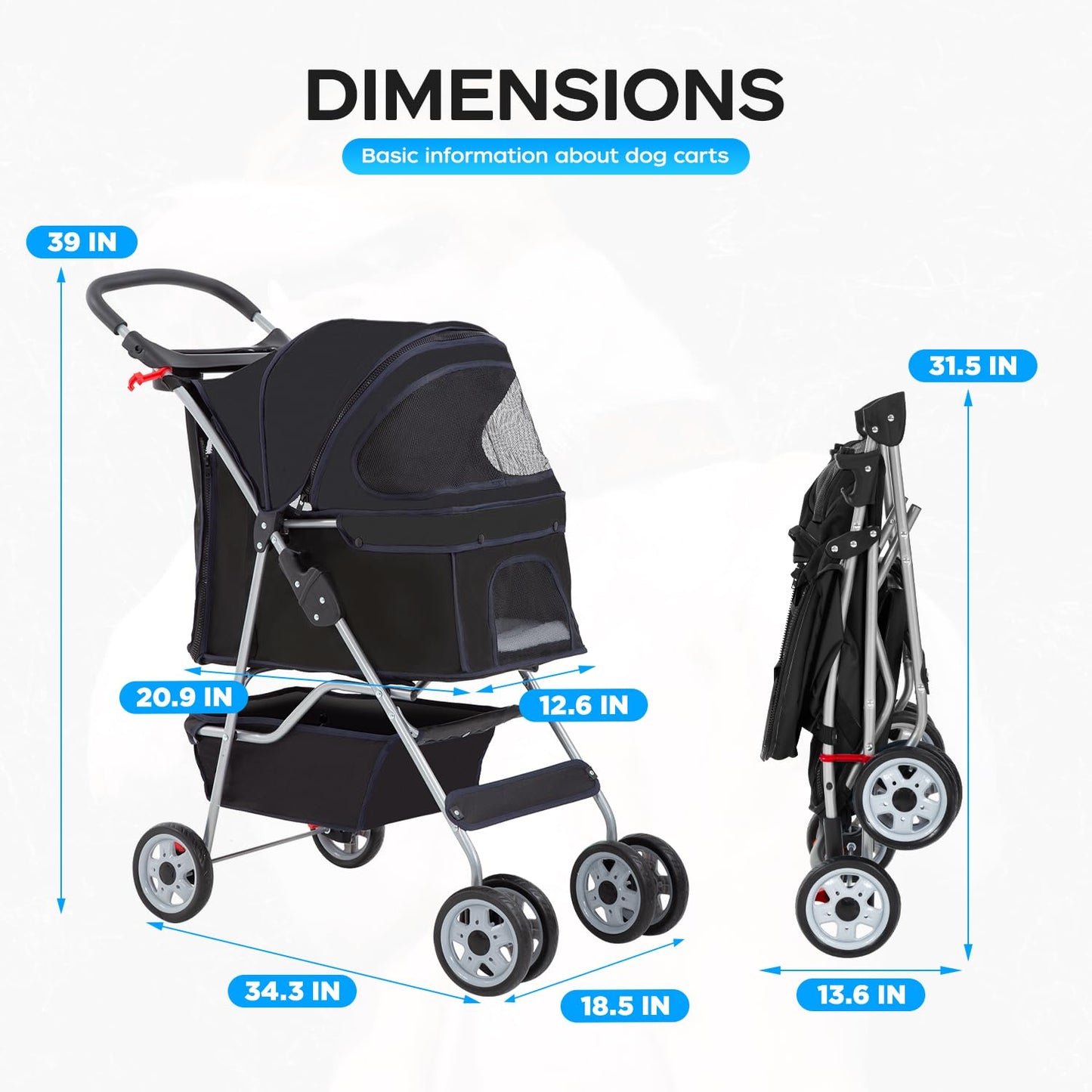 BestOffice Pet Stroller for Small Medium Dogs & Cats, 4-Wheel Foldable Dog Stroller with Cup Holder, Lightweight Travel Carrier, Waterproof Design for Outdoor Walks, Black