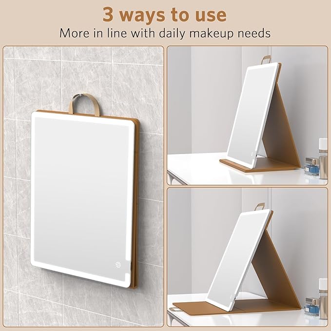 WEILY Large-Sized Makeup Mirror with 72 LED Lights, Touch Screen Three Colors Dimmable Lighted Makeup Mirror, 2000 mAh USB Rechargeable Lighted Vanity Mirror,Compact Travel Mirror (Khaki)