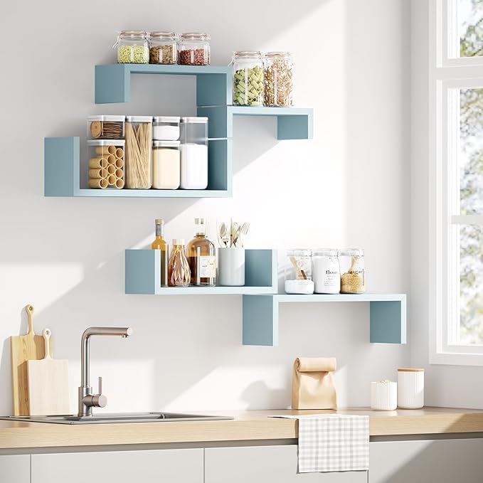 SRIWATANA Floating Shelves for Wall, Wall Shelves for Bathroom, Bedroom, Living Room, Kitchen, Office, Wood Shelves for Wall Decor Set of 5 (Blue)