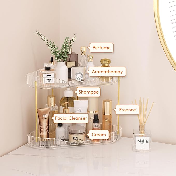 Lifewit 2-Tier Corner Bathroom Counter Organizer, Plastic Makeup Skincare Organizers Storage Countertop, Large Sink Cosmetic Perfume Shelf for Bedroom, Dresser, Kitchen, Vanity, Clear, 25 cm/10inch(H)