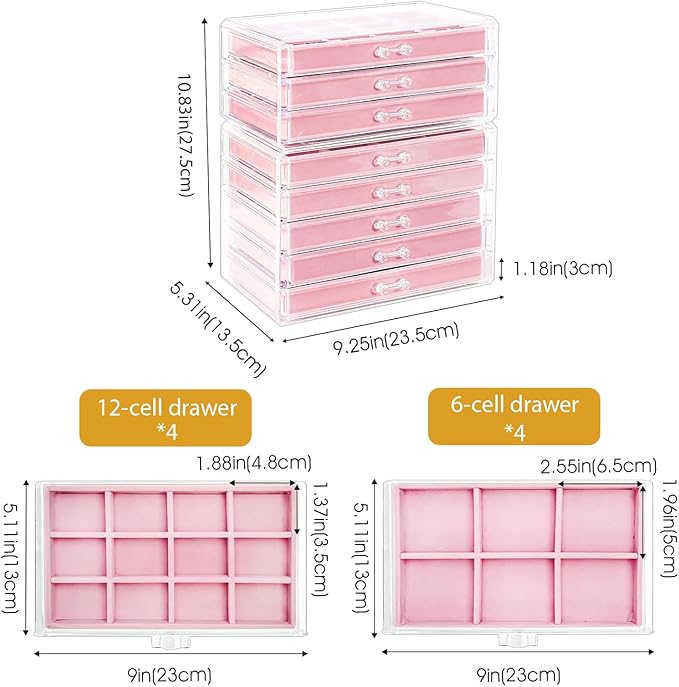 ProCase Earring Holder Organizer Jewelry Box with 8 Drawers, Acrylic Clear Earring Case with Adjustable Velvet Trays for Women - Pink, 8 Layers