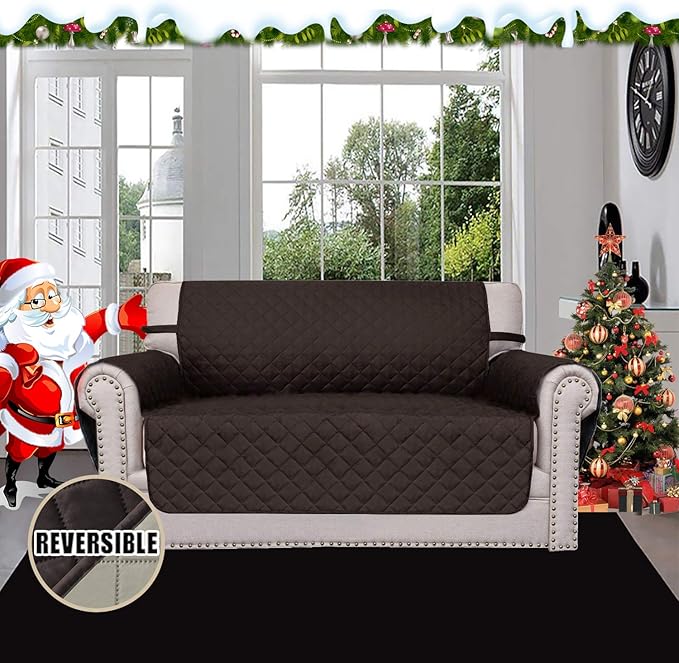 Easy-Going Reversible Loveseat Couch Cover for 2 Cushion Couch Sofa Cover for Dogs Water Resistant Furniture Protector with Foam Sticks Elastic Straps for Pet (Loveseat, Chocolate/Beige)