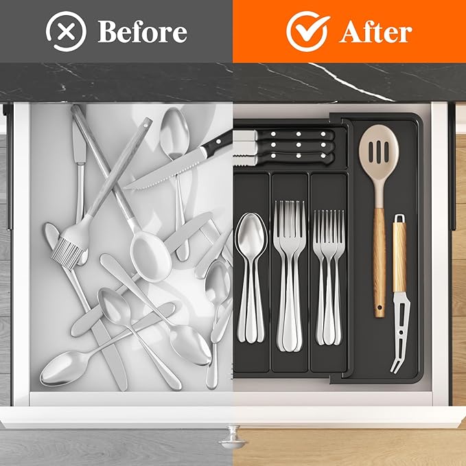 Lifewit Silverware Drawer Organizer, Expandable Utensil Tray for Kitchen, BPA Free Flatware and Cutlery Holder, Adjustable Plastic Storage for Spoons Forks Knives, 11-18 x 14", Black