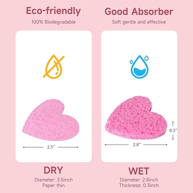 100 Count Compressed Pink Heart Facial Sponges 100% Natural Cellulose Eco-Friendly Makeup Sponges for Gentle Cleansing, Exfoliating & Stubborn Makeup Removal Travel & Home Beauty Essentials for Women