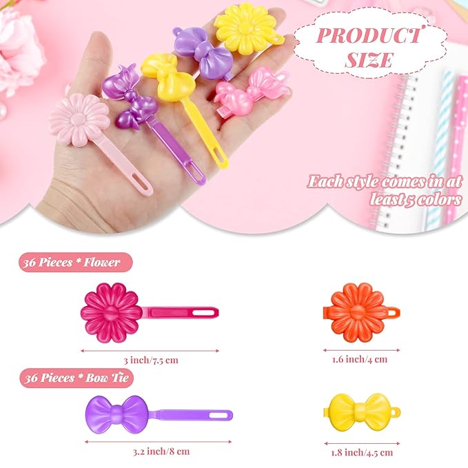 Janinka 72 Pieces Plastic Self Hinged Barrettes: Colorful 80s 90s Cartoon Hairpins and Clips for Girls and Toddlers (Multicolor, Delicate)