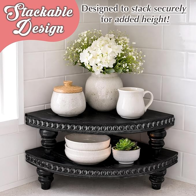 Corner Pedestal Stand Rustic Decor Riser for Display - Farmhouse Wood Rounded Beaded Tray for Kitchen and Bathroom Countertop Organizer, Coffee Bar, Plant Stand with Removable Feet (Rustic Black)