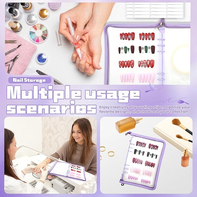 Press on nail storage Nail Storage Book - Portable Versatile Organizer for Press - On Nails, Jewelry and More with 90 Pcs Adhesive Double Sided Tape Purple