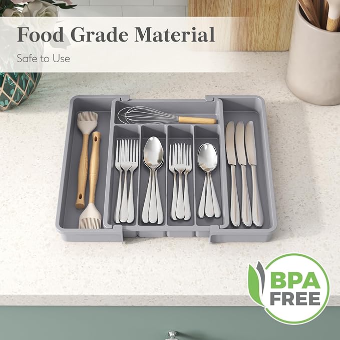 Lifewit Silverware Drawer Organizer, Expandable Utensil Tray for Kitchen, BPA Free Flatware and Cutlery Holder, Adjustable Plastic Storage for Spoons Forks Knives, 8.5-14 x 12", Gray