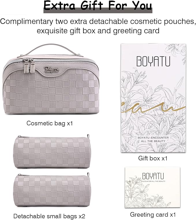 BOYATU Travel Makeup Bag Organizer Cosmetic Bag: 3 Pcs Set Make up Bags for Women with Handle - Waterproof Vegan Leather Toiletry Bags Travel Essentials Pouch with Compartments (03-A-Gray)