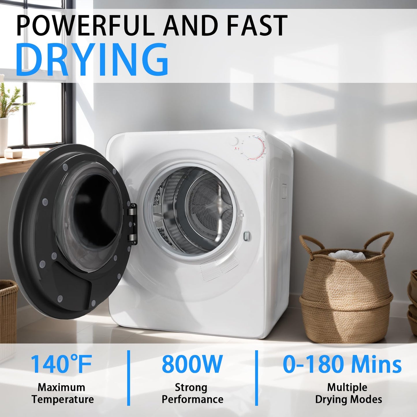 Stopsad 1.6 Cu.Ft Portable Clothes Dryer, 800W Fast Drying Front Load Laundry Dryer with 5 Mode, Mini Electric Clothing Dryer with Stainless Steel Tub, Compact Machine for Apartment, Home, Dorm