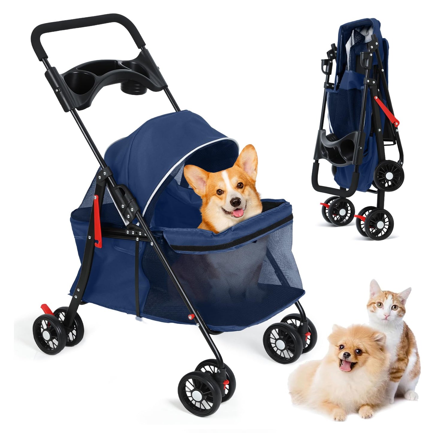 sxvbdway 4 Wheels Pet Stroller for Medium Small Dog up to 50lbs, Dog Cat Stroller, Outdoor Travel Pet Folding Strollers, Cat Cage Strollers with Cup Holder, Breathable and Visible Mesh (1 Set-Blue)