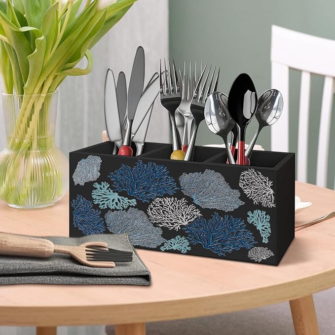 Coastal Beach Coral Pen Pencil Holder for Desk, Beach Office Decor, Ocean Nautical Blue Coral Wooden Box Decorative Sign for Home Office Desk Tabletop Decor