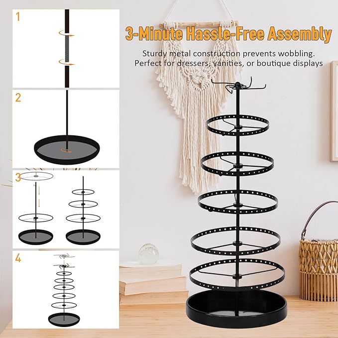 6 Tier Rotating Jewelry Organizer Stand, 230 Holes Earring Holder Organizer for Women Girls, Spinning Earring Tree with Ring Holder, Wide Base for Bracelets Watches Lipstick