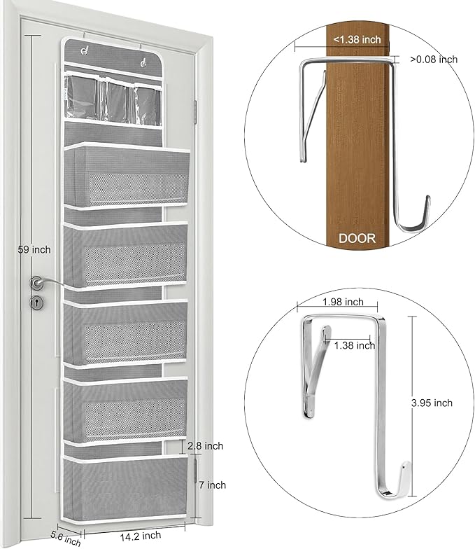 Sturdiness Over The Door Organizer, 6 Tiers Anti Tilt Hanging Behind Door Storage, Heavy-Duty Reinforced Mesh Rack Holds 44lb for Bathroom,Pantry, Nursery,Closet, Shoes, Towels,Grey