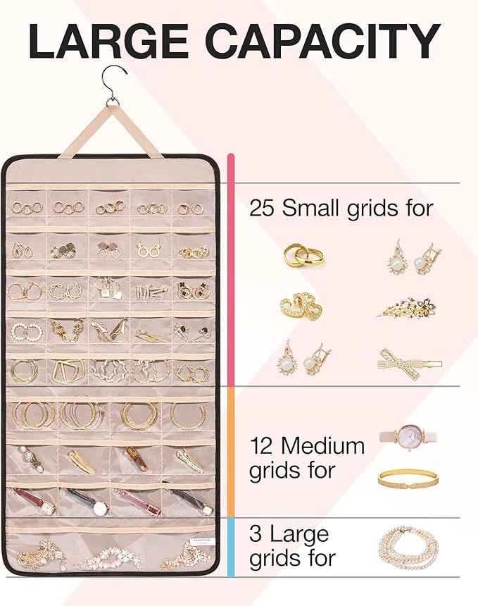 BAGSMART Hanging Jewelry Organizer Storage Roll with Hanger Metal Hooks Double-Sided Jewelry Holder for Earrings, Necklaces, Rings on Closet, Wall, Door, 1 piece, Extra Large, Black