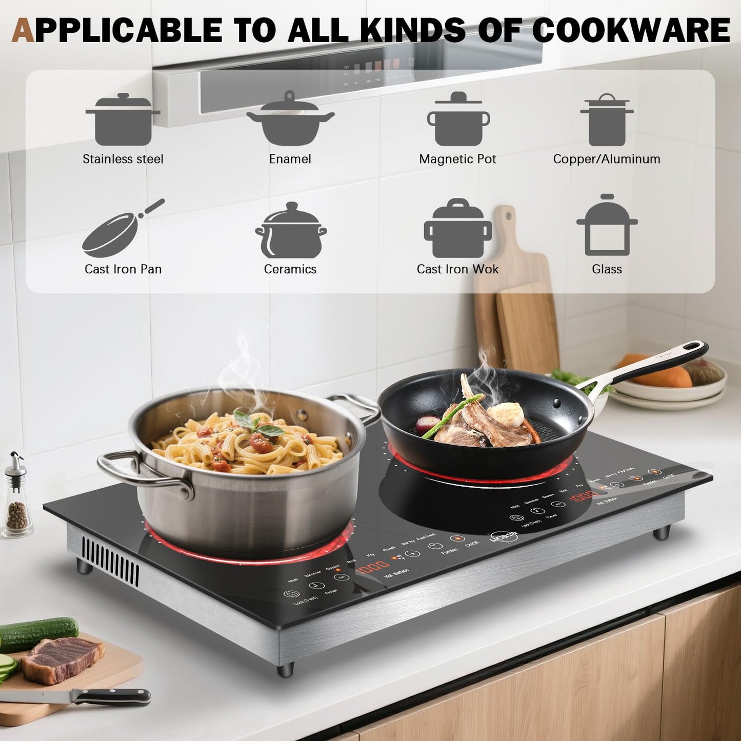 Hobsir 2 Burner Electric Cooktop 110V with Plug, Total 2000W Shared Power, Electric Stove Top with 8 Function & 8 Power, Two Burner Kitchen Cooktop with Timer & Child Safety Lock, for RV Camping