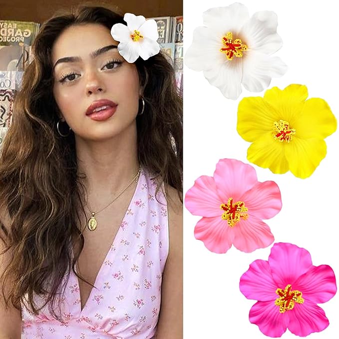 4Pcs Hawaiian Flower Hair Clips for Women,Plumeria Hibiscus Hair Clips Rose Hair Barrettes 3.5 Inch Artificial Flower Clips,Hair Accessories for Vacation Beach Party, Boho Clips for Girls Wedding