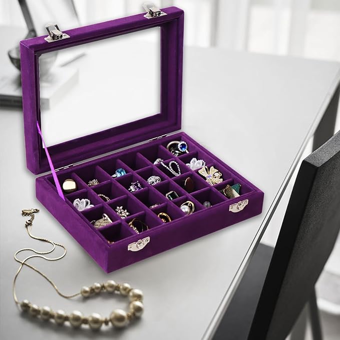 Velvet Jewelry Box 24 Grid Jewelry Earrings Display Organiser Box Ring Tray Holder Earrings Storage Case for Girls Women Wife Mom (Purple)