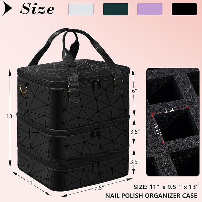 Large Nail Polish Organizer Case Hold 84+ Bottles Nail Polish & Nail Lamp, 3 Layers Nail Organizers and Storage for Nail Tech with Divider, Travel Carrying Case(Black)