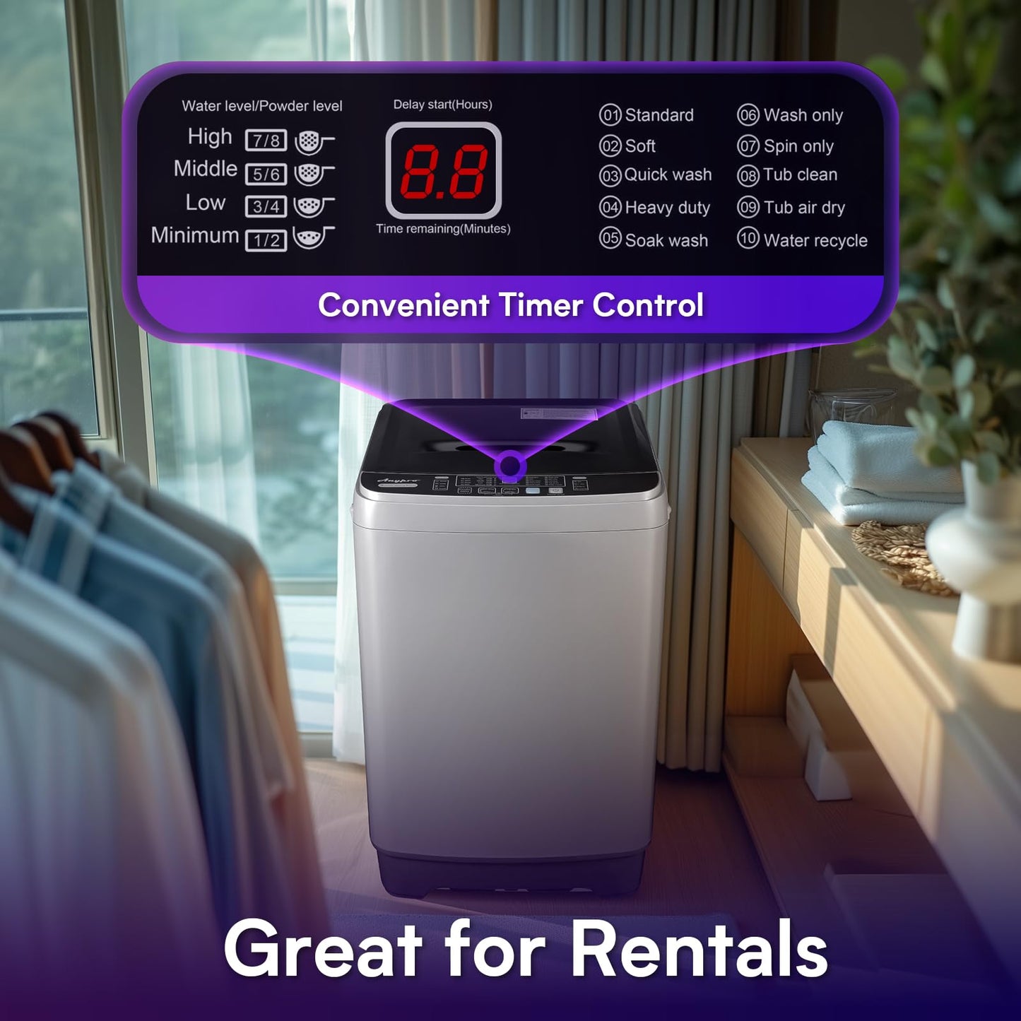 Anypro Washing Machines 17.8LBS Full Automatic Clothes Washer and Spinner Combo with 10 Programs and 8 Water Levels, Laundry Wash Spin Dryer for Apartment RV Dorm Home, Gold