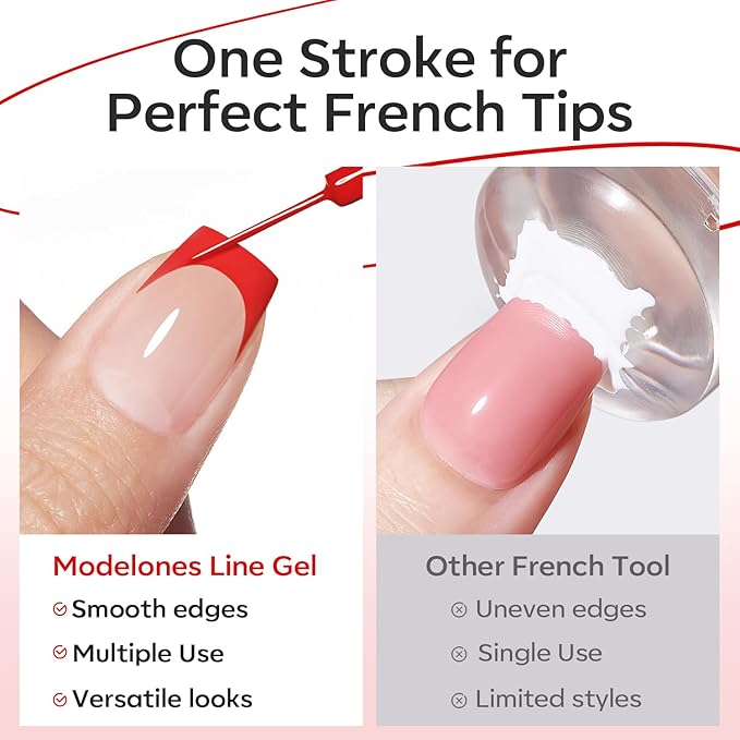 modelones Red French Tip Liner Gel Polish, 15 ML Bright Apple Red Valentine's Day Nail Art Paint Swirl with Ultra Fine Line Brush Soak Off U V DIY Home Salon Professional Manicure Gift for Women