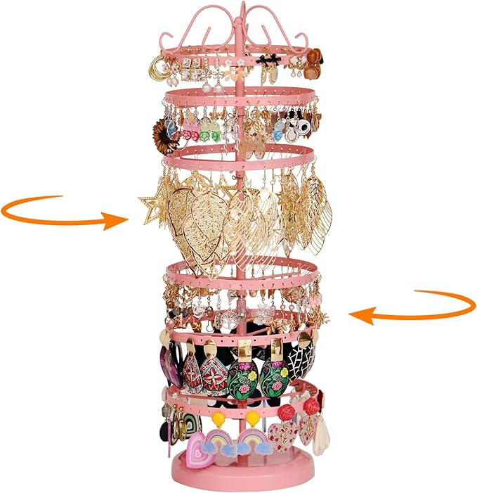 6 Tier Rotating Jewelry Organizer Stand, 230 Holes Earring Holder Organizer for Women Girls, Spinning Earring Tree with Ring Holder, Wide Base for Bracelets Watches Lipstick