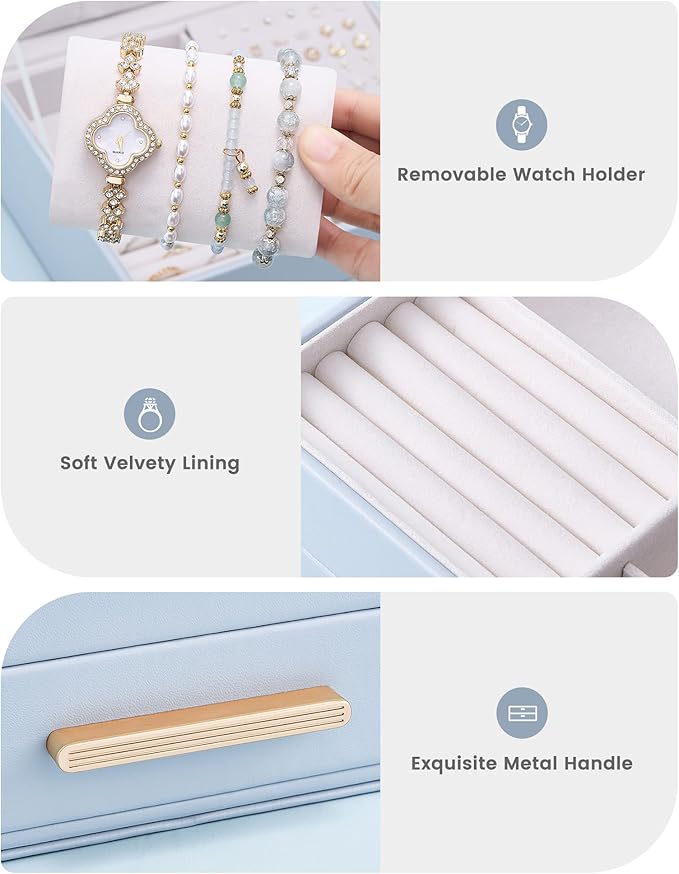 Lolalet 2-Layer Jewelry Box Organizer for Women Girls, Jewelry Storage Case Holder with Drawers for Necklaces Ring Earrings Bracelet Watch, Gifts for Galentines Valentines Girlfriend Wife -Blue