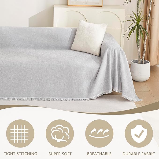 MYSKY HOME Couch Cover for Pets Light Grey Couch Covers for 2 Cushion Couch Sofa Simple Tassel Sofa Covers for Loveseat L Shaped Chenille Couch Cushion Covers for Dogs Kids Easy Install,91" X118"