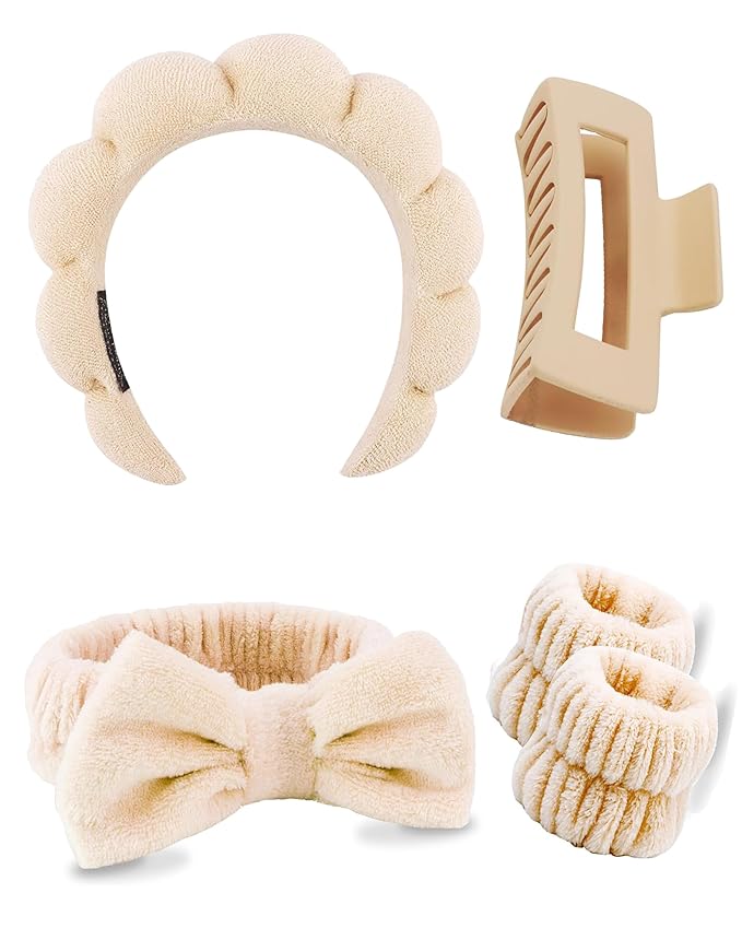 5 Pcs Spa Headbands for women and girls face washing, makeup, facial skin care, fluffy sponge SPA hairband bow hairband hairpin wristband set. (khaki)