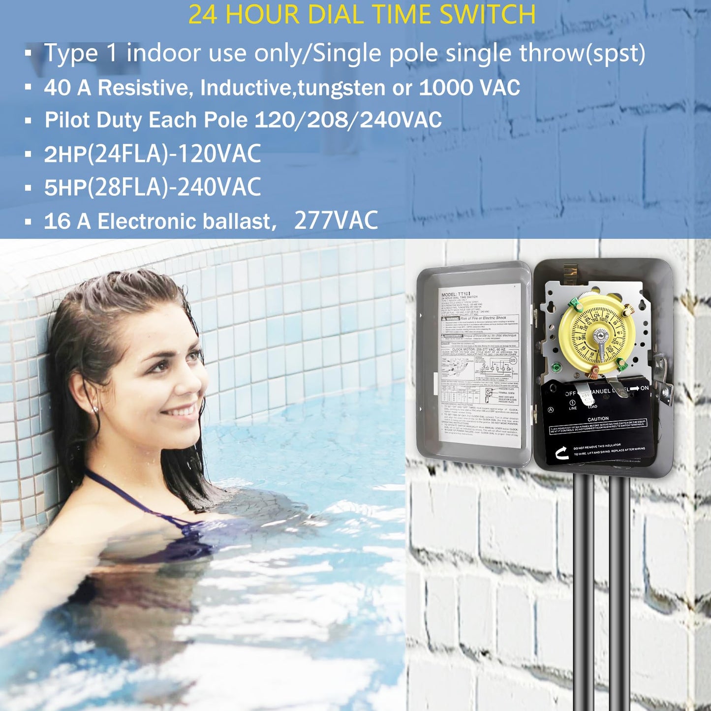 T101M Pool Timer Mechanism Only, Pool Pump Timer, 120V 2HP SPST 40A Time Switch, 24 Hour 12 ON/Off for Pool Pump, Heavy-Duty Mechanical Time Switches,Time Switch Mechanism Only, 5 Years Warranty