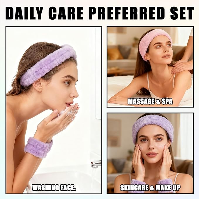 2 Pack Spa Headband and Wristband Set, 2 Hairbands & 4 Wrist Cuffs for Face Washing, Skincare, Makeup, Microfiber Absorbent Wrist Towels and Face Wash Headbands for Women Girls