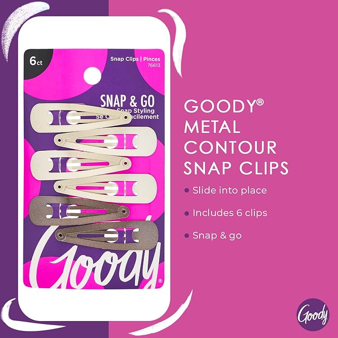 Goody Snap & Go Metal Contour Clips, 6 Count, Blonde, Snap Clips, Suitable for All Hair Types, Pain-Free Hair Accessories for Women, Men, and Kids, All Day Comfort