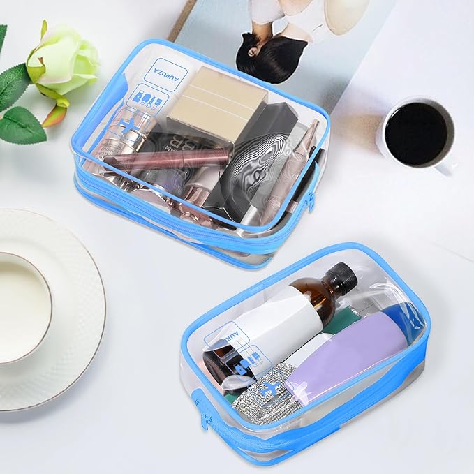 2 Pack Travel Toiletry Bag, Clear Makeup Bag, TSA Approved Cosmetic Bag with Zipper, Clear Organizer Carry on Bag for Women, PVC Cosmetic Pouch for Airport Airline Compliant