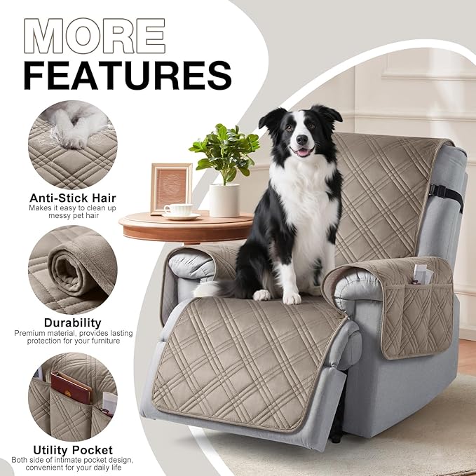 TAOCOCO 100% Waterproof Recliner Chair Cover, Recliner Covers for Recliner Chair with Pocket, Non Slip Reclining Chair Cover Furniture Protector for Kids, Pets(23.6'', Light Taupe-Velvet)