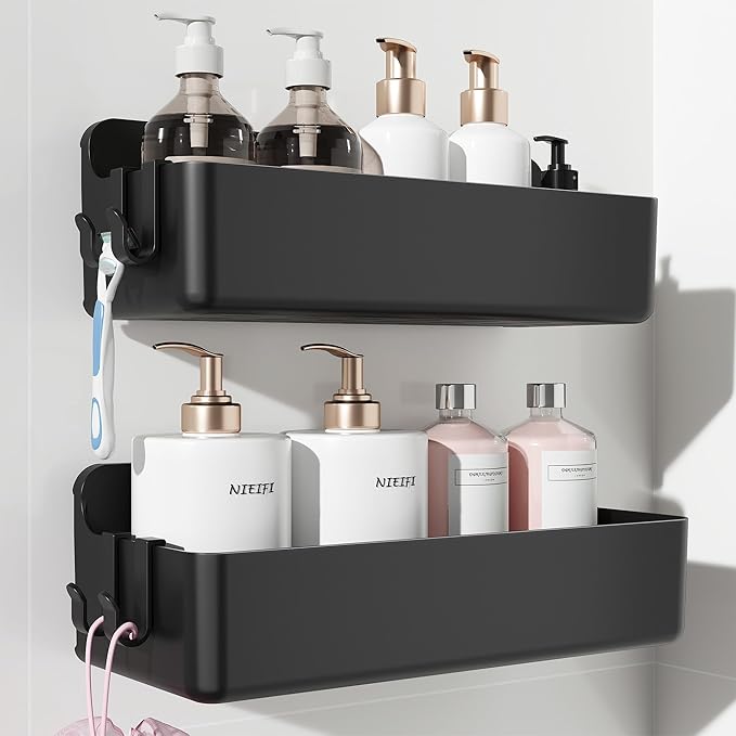 Nieifi Adhesive Wall Shelf, Shower Shelves, Shower Organizer for Bathroom Organization (Black, 2 pieces)