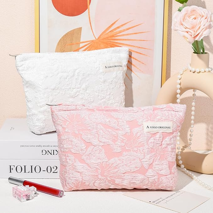 SOIDRAM 2 Pieces Flower Makeup Bag Large Floral Cosmetic Bag Capacity Canvas Travel Toiletry Bag Organizer Cute Makeup Brushes Aesthetic Accessories Storage Bag for Women, Flower L White Pink