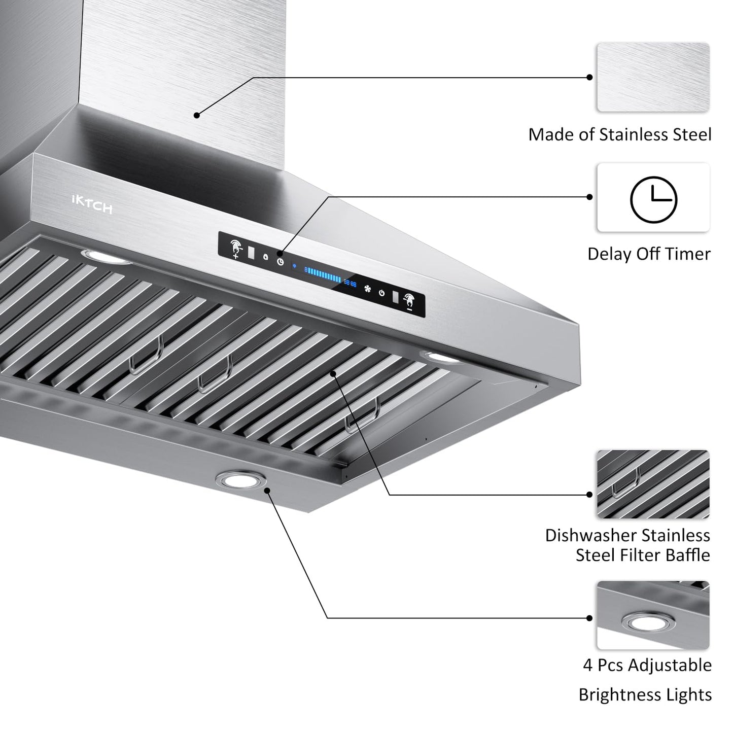IKTCH 36-inch Wall Mount Range Hood 900 CFM Ducted/Ductless Convertible, Kitchen Chimney Vent Stainless Steel with Gesture Sensing & Touch Control Switch Panel, 4 Pcs Adjustable Lights