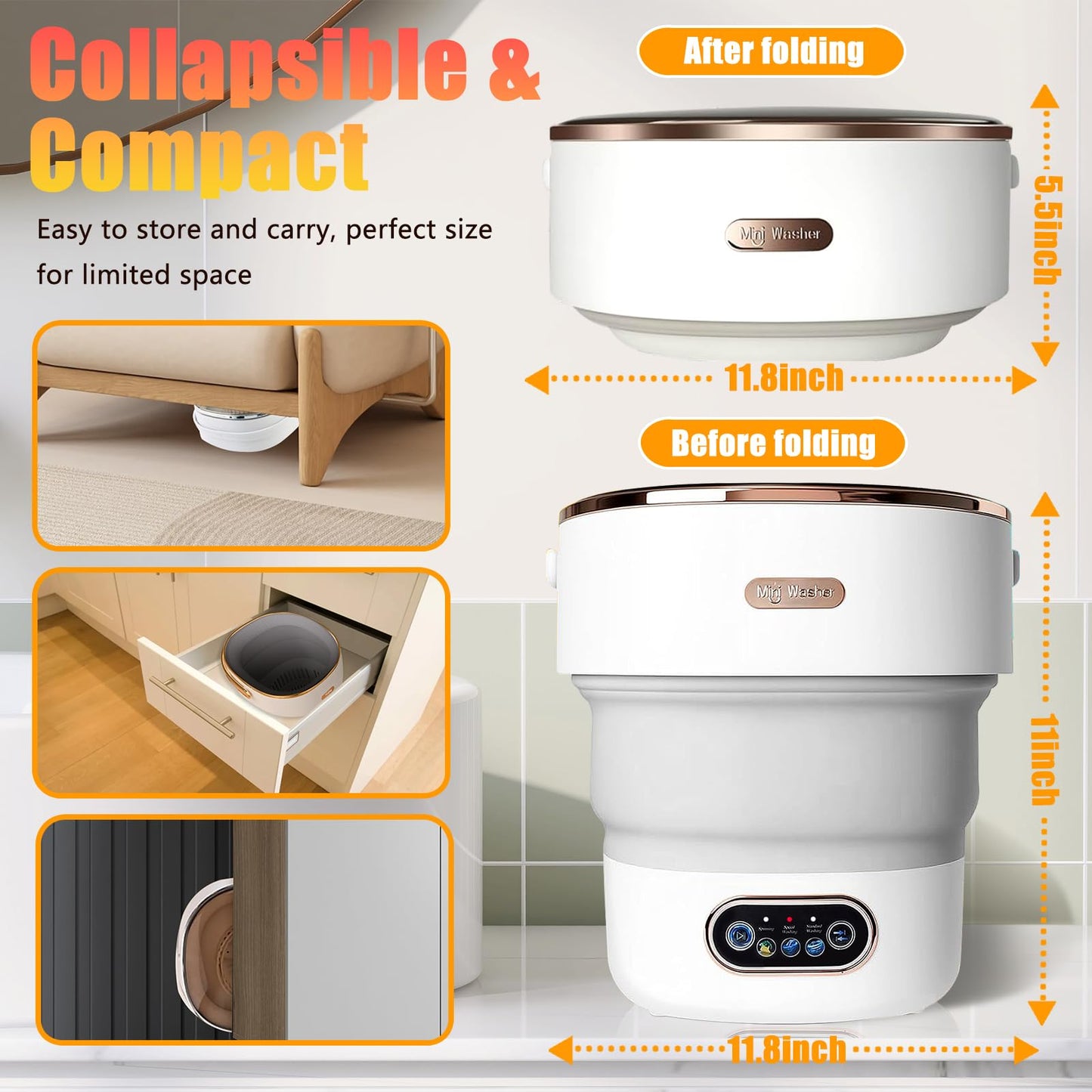 Portable Washing Machine,15L Collapsible Mini Washer with 3 Cleaning Modes Drain Basket Small Foldable Laundry Machine for Travel Camping Dorms RVs Apartments Baby Clothes Underwear Socks Delicates