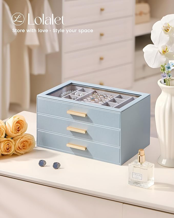 Lolalet Jewelry Box Organizer, 3-Layer Jewelry Organizers and Storage Case with Glass Lid, Ring Earring Bracelet Necklace Holder Organizer, Birthday Valentine Gifts for Women Girls -3Layer, HazeBlue