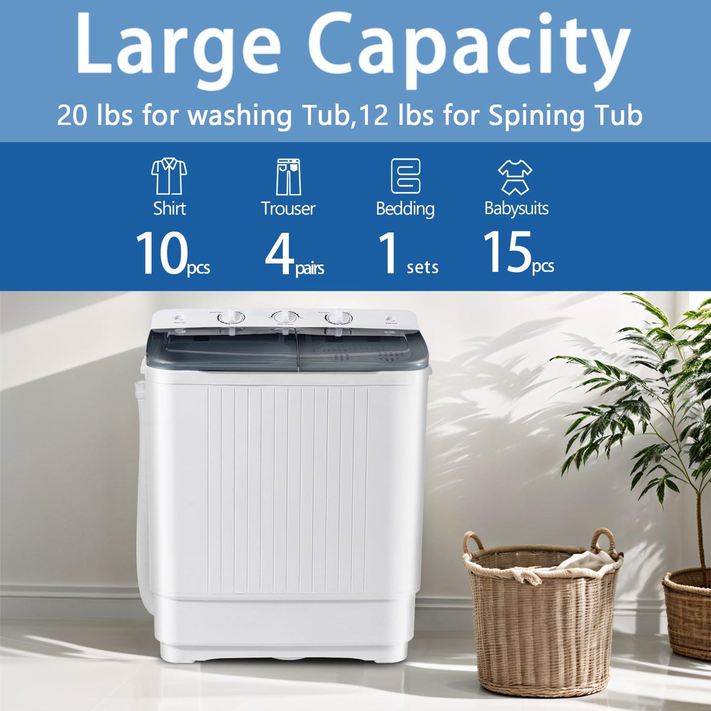 DOGHLY Portable 32Lbs Twin Tub Washer + 1.8 Cu.Ft Dryer Combo, 20Lbs Washing & 12Lbs Spinning, 5 Modes Rotary Heating Dryer, Stainless Steel Drum, Washer and Dryer Combo Set for Apartment, Dorm, RV