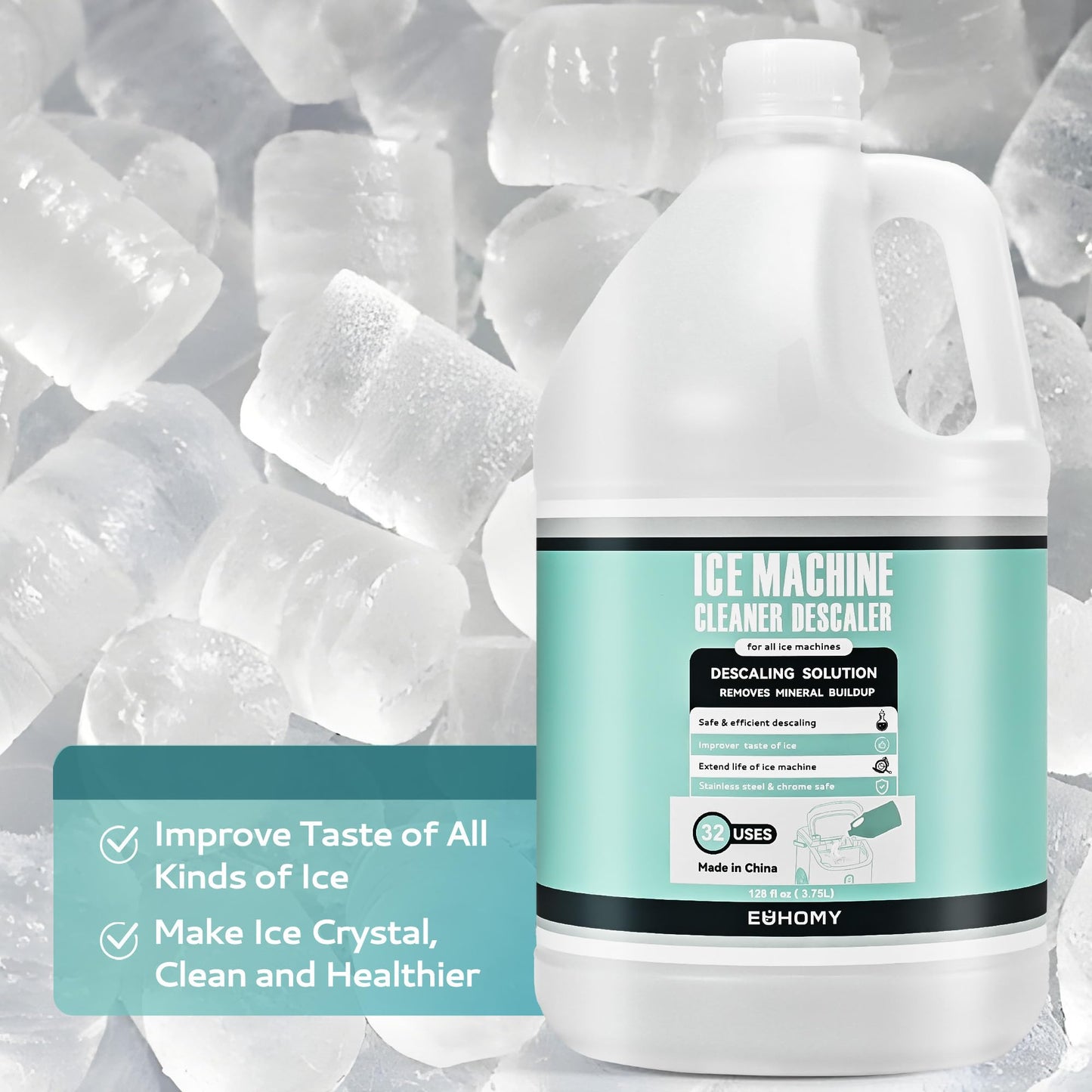 EUHOMY Max 33 Uses Ice Machine Cleaner Descaler (1 Gallon / 3.75L), 128 Fl OZ Ice Maker Cleaner, Ideal Universal Descaling Solution for All Brands Ice Maker, Single Use Coffee and Espresso Machines